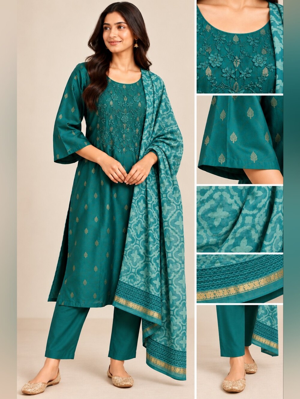 Teal Embroidered Kurta Set with Metallic Accents- Kurta, Salwar, Chunni- NWT